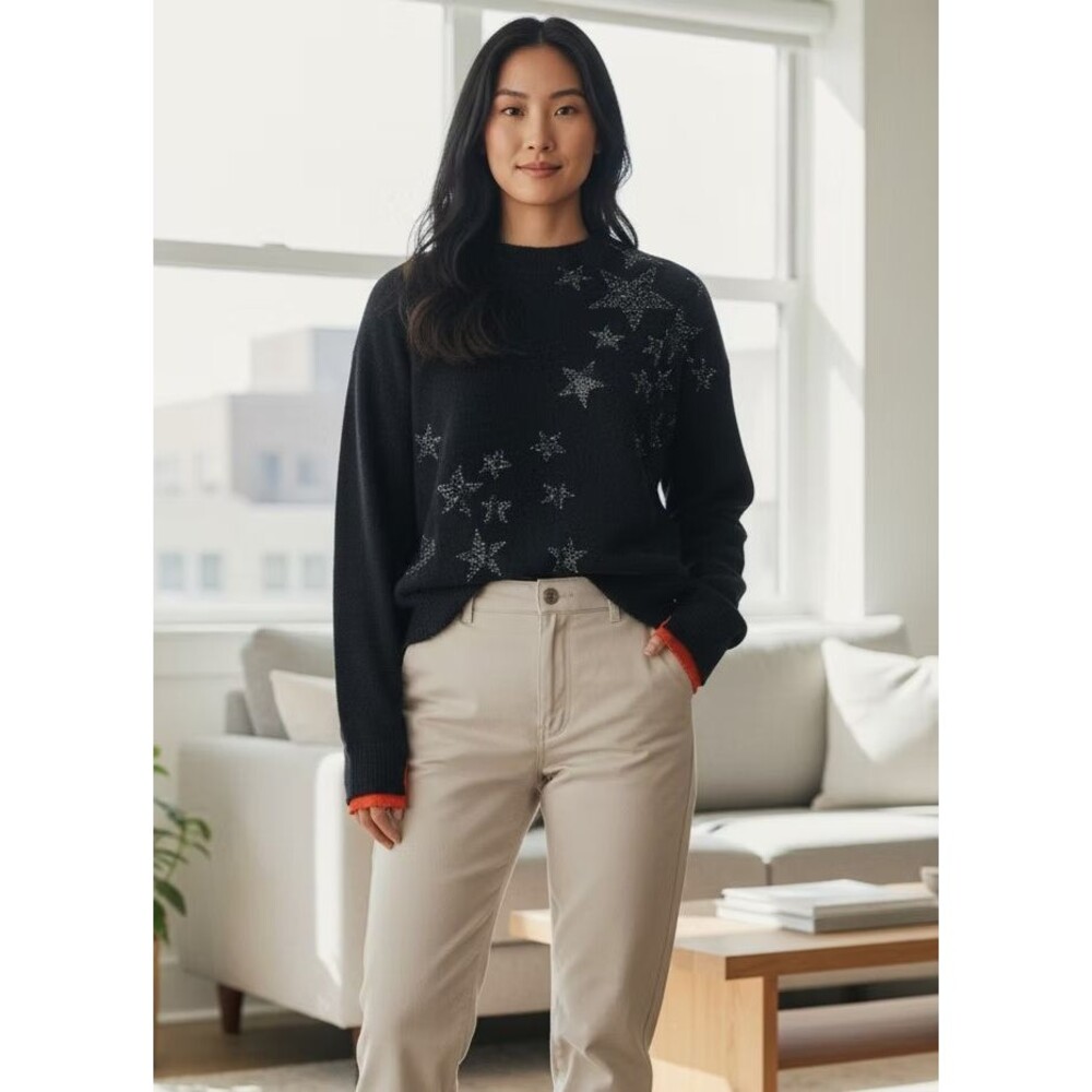 ZADIG & VOLTAIRE Gaby Bis Rhinestone Star Distressed Cashmere Black Sweater XS